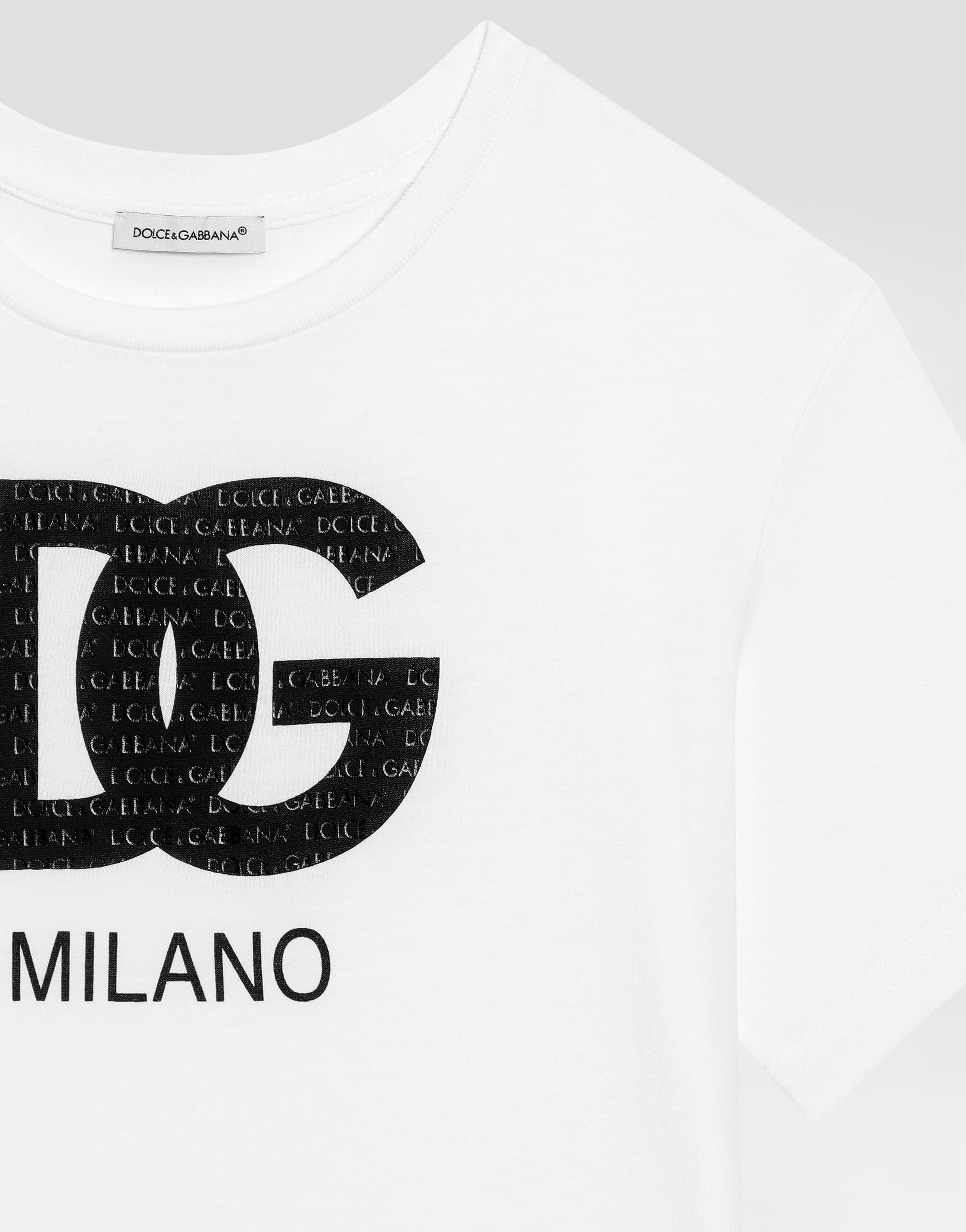 Dolce & Gabbana Kids Dziecięcy T-shirt jersey z woskowanym nadrukiem logo DG Milano - 2