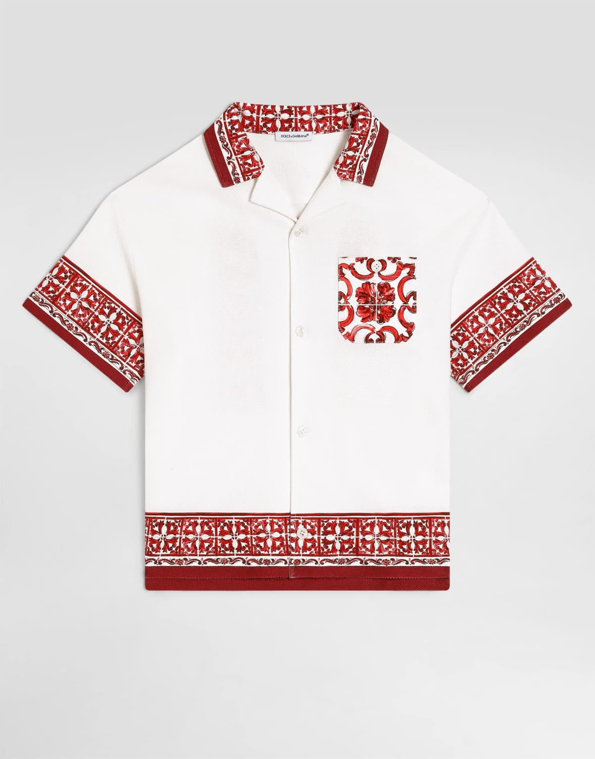 Dolce & Gabbana Kids Chłopięca koszula Hawaii z podwójnej piki z nadrukiem Majolica
