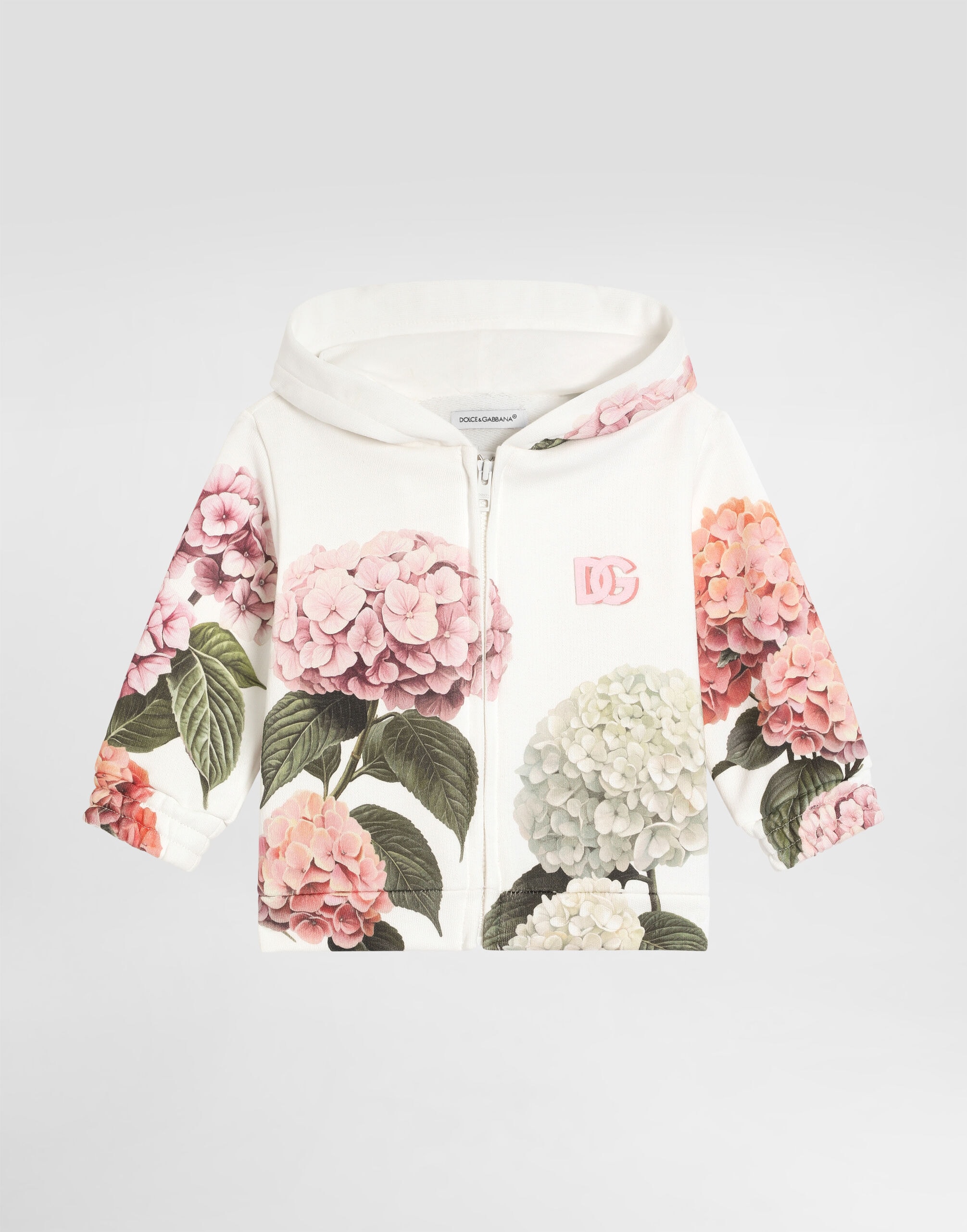 Dolce & Gabbana Kids Dziecięca bluza z kapturem z nadrukiem hortensji i naszywką 
