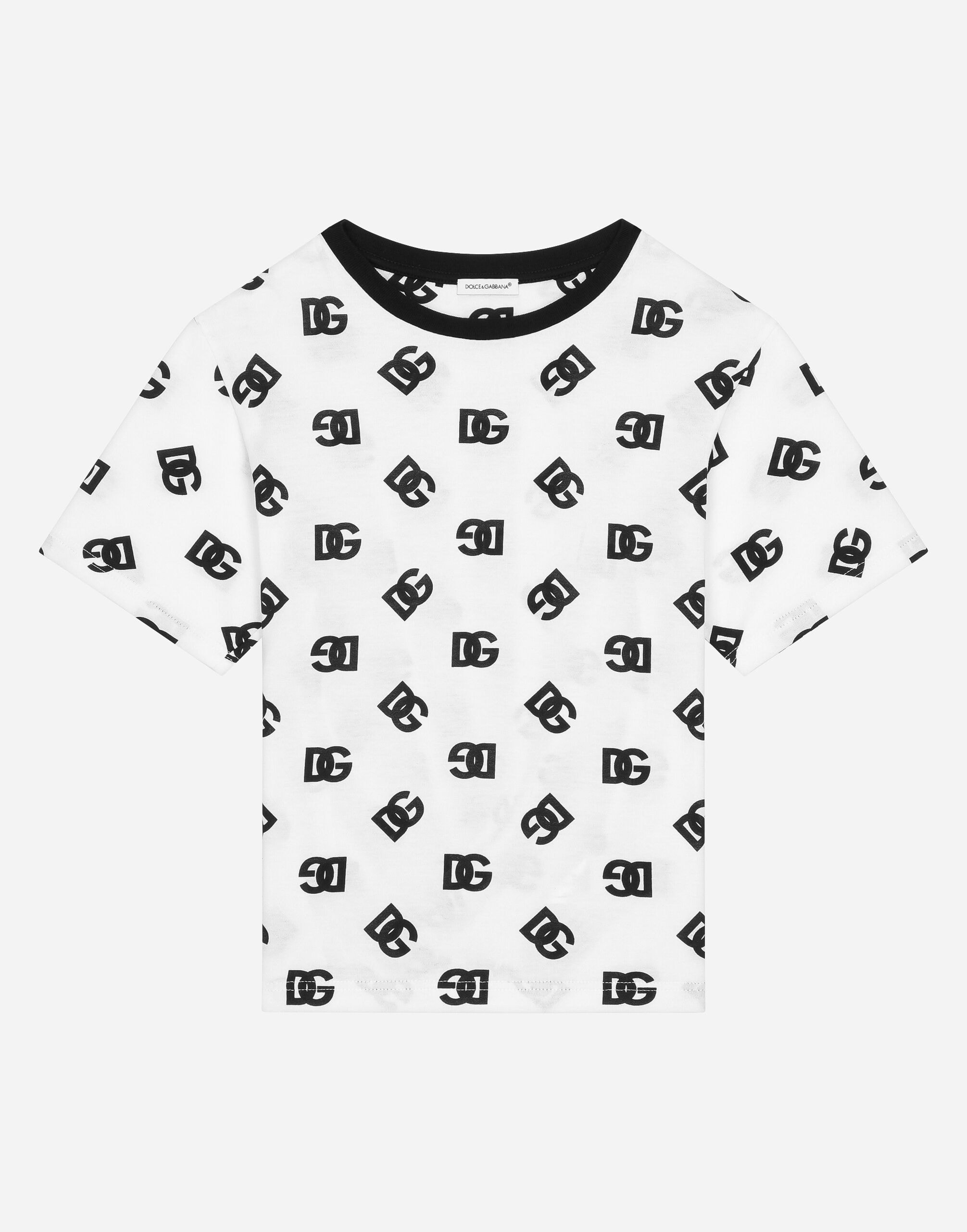 Dolce & Gabbana Kids Dziecięcy T-shirt jersey z nadrukiem logo DG na całej powierzchni