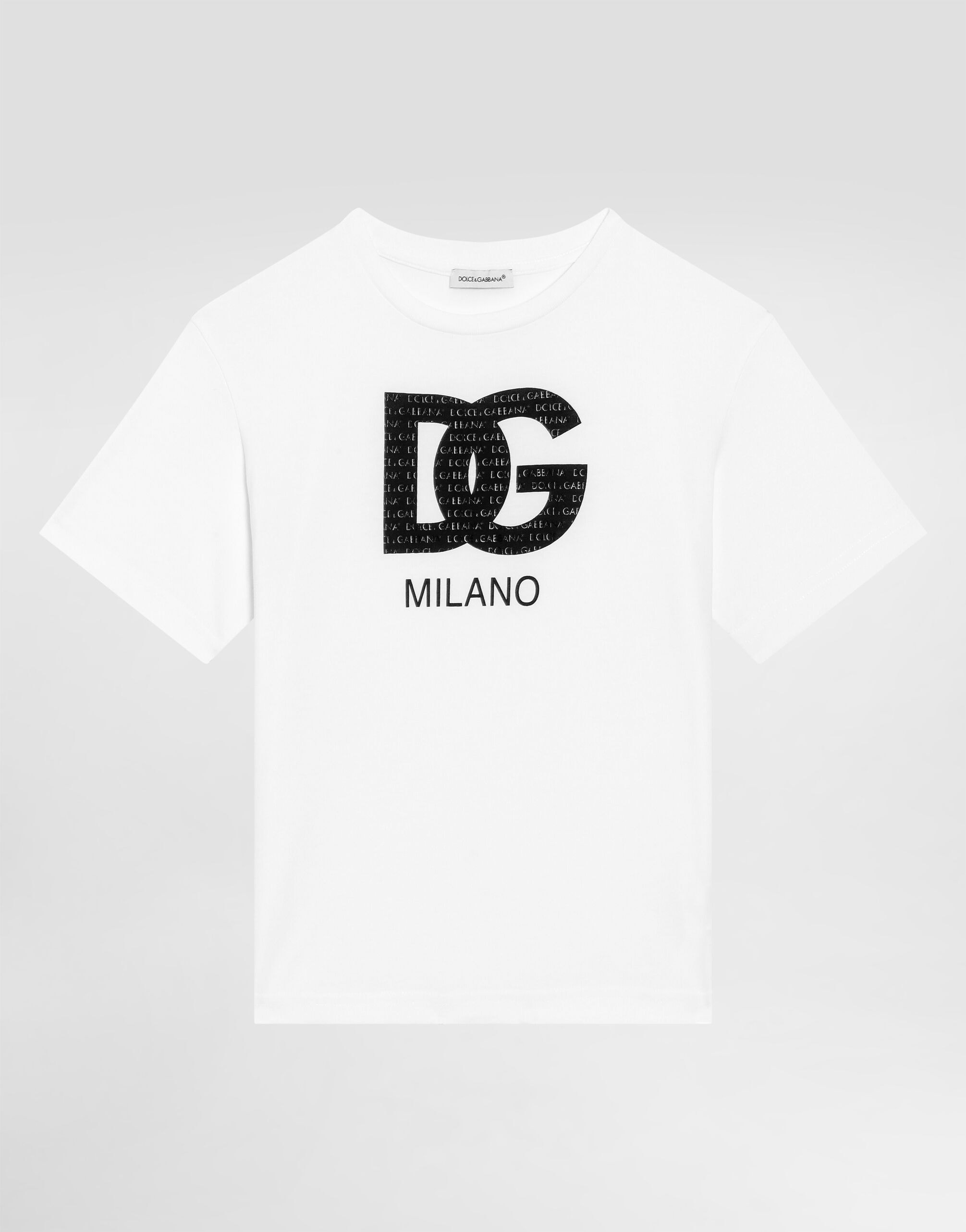 Dolce & Gabbana Kids Dziecięcy T-shirt jersey z woskowanym nadrukiem logo DG Milano