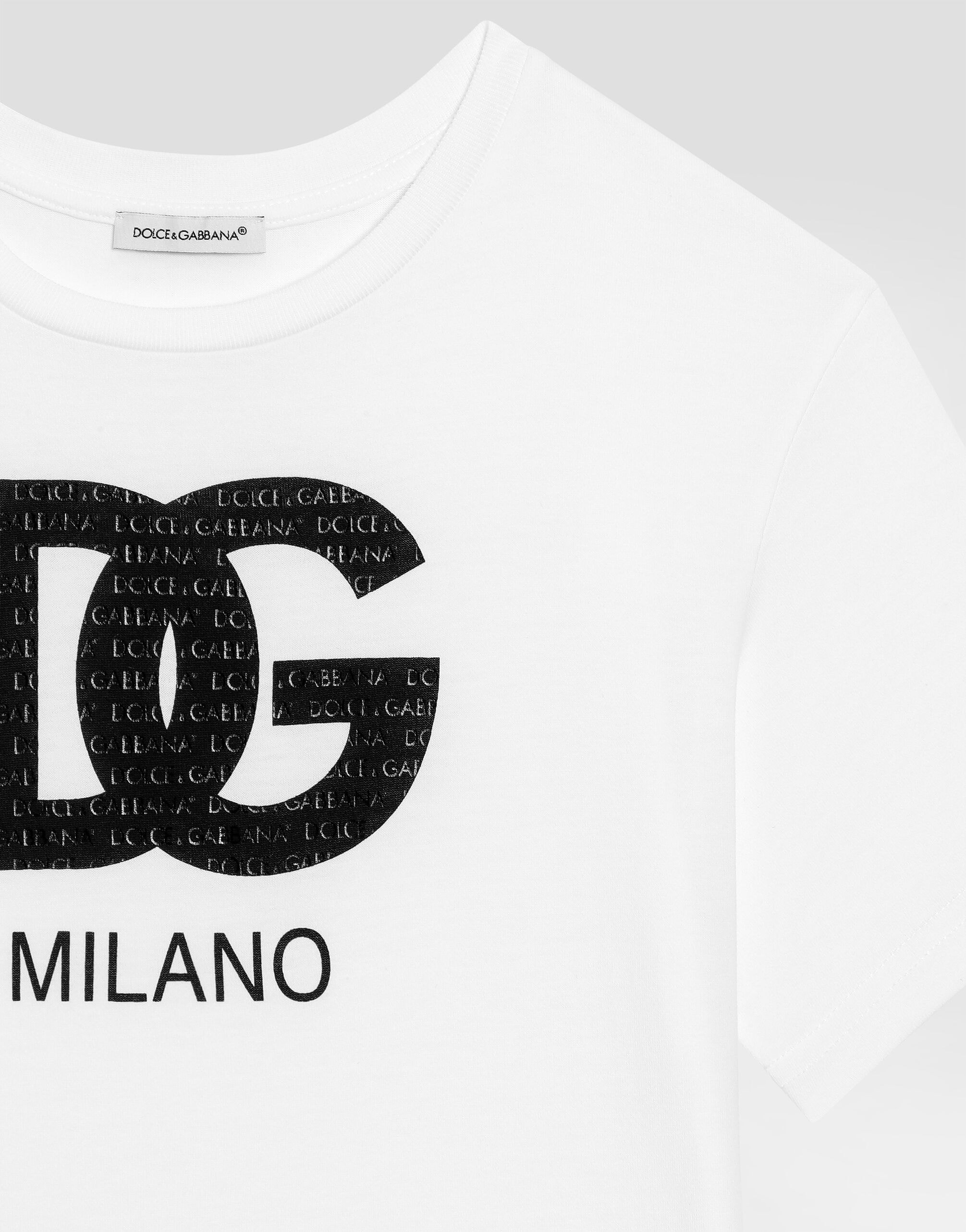 Dolce & Gabbana Kids Dziecięcy T-shirt jersey z woskowanym nadrukiem logo DG Milano
