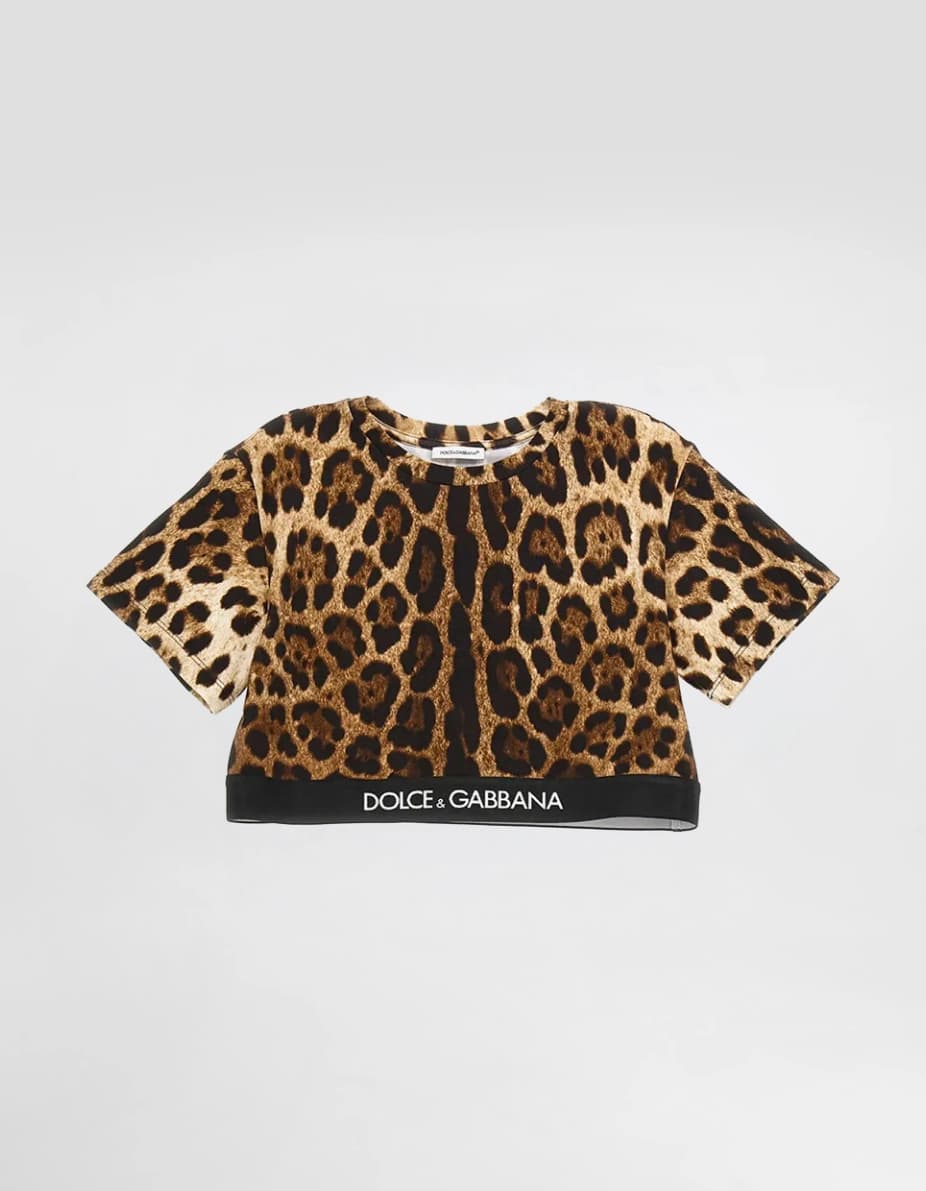 Dolce & Gabbana Kids Ddziecięcy T-shirt z nadrukiem leoparda z taśmą żakardową z logo